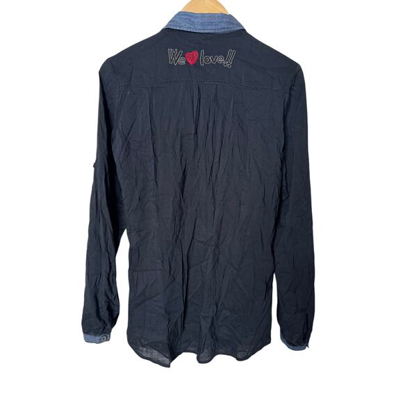 Desigual Womens Button Front Cambray Top Embroidered Navy Blue Shirt Size M  EUC - Picture 4 of 8